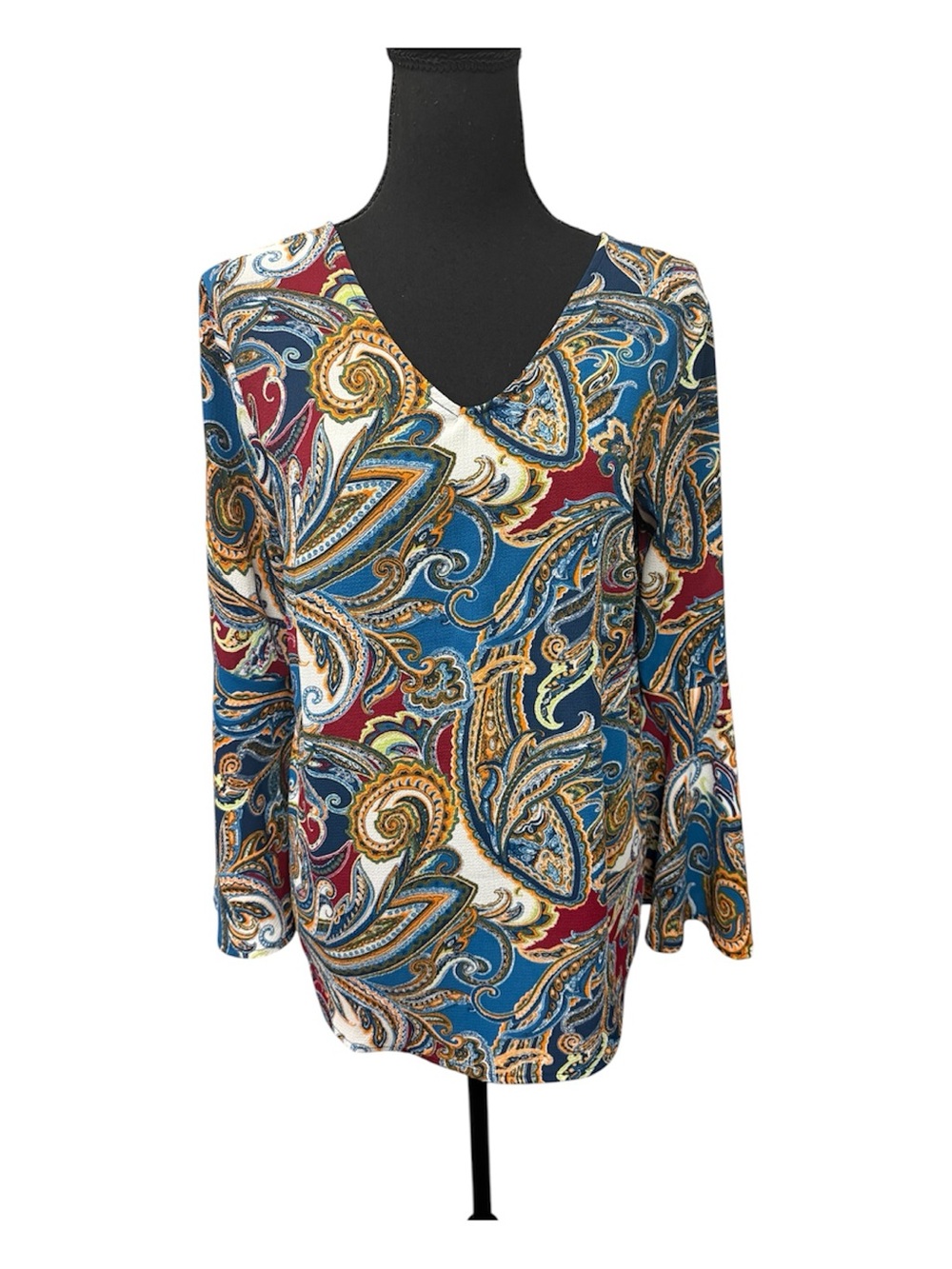Valerie Stevens Blue Paisley V-Neck Cutout Stretch Blouse Top Small Boho - Picture 2 of 10